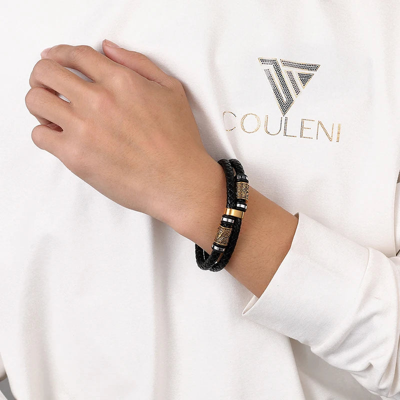 Bracelet Noir En Cuir Mythologie Viking or 1