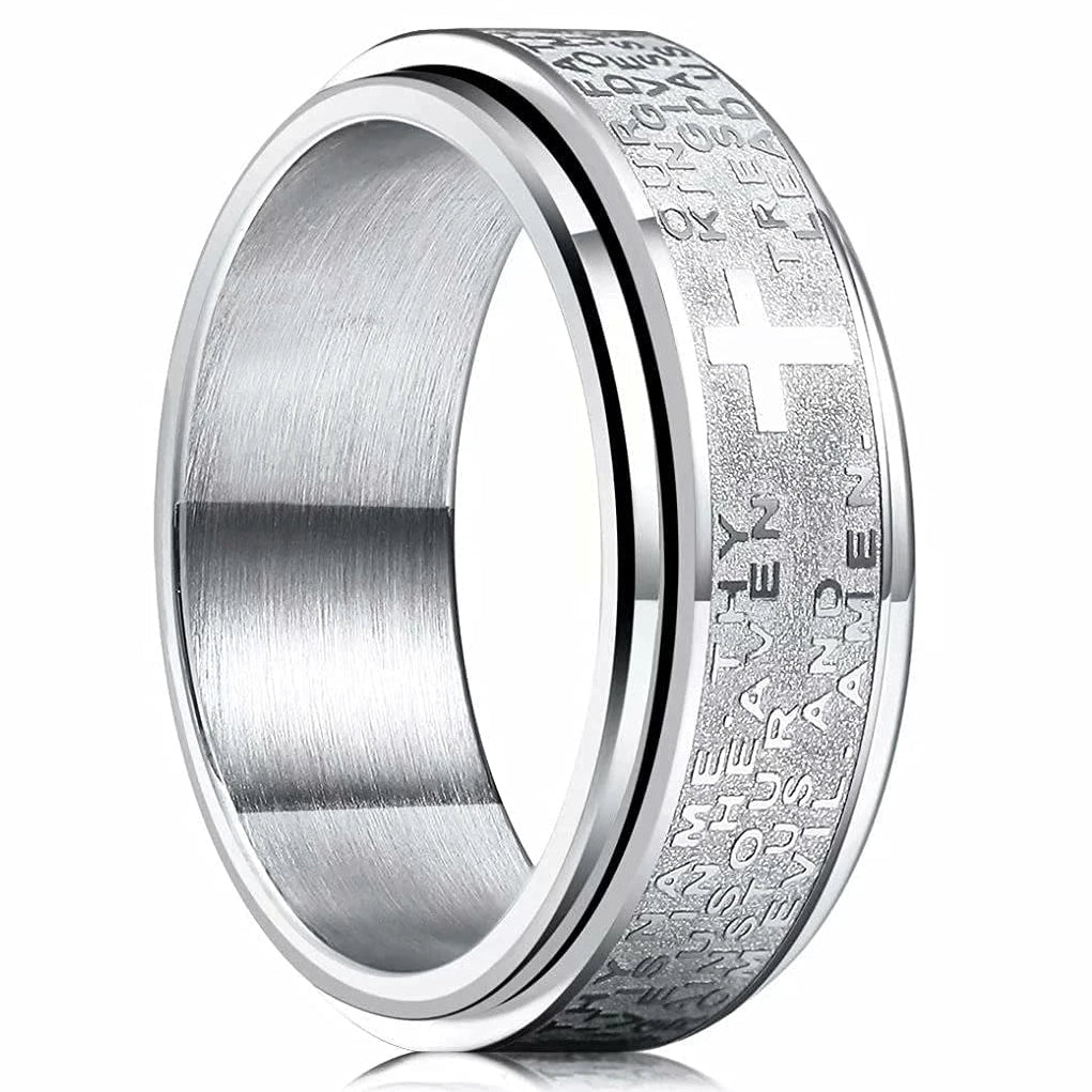 Bague anti-stress rotative avec croix chrétienne argent