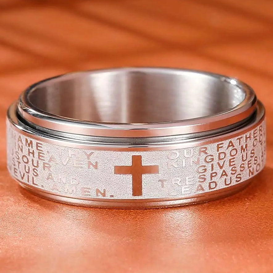 Bague anti-stress rotative avec croix chrétienne argent