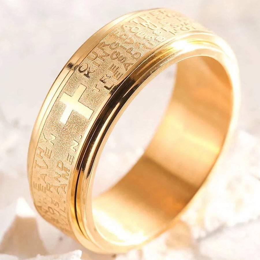 Bague anti-stress rotative avec croix chrétienne or