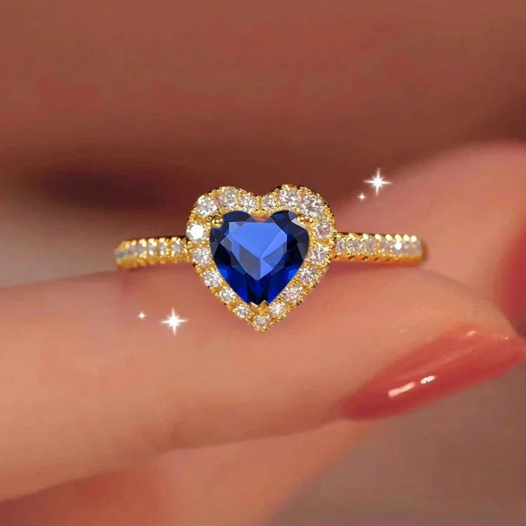 Bague avec Coeur et Zircon bleu et or