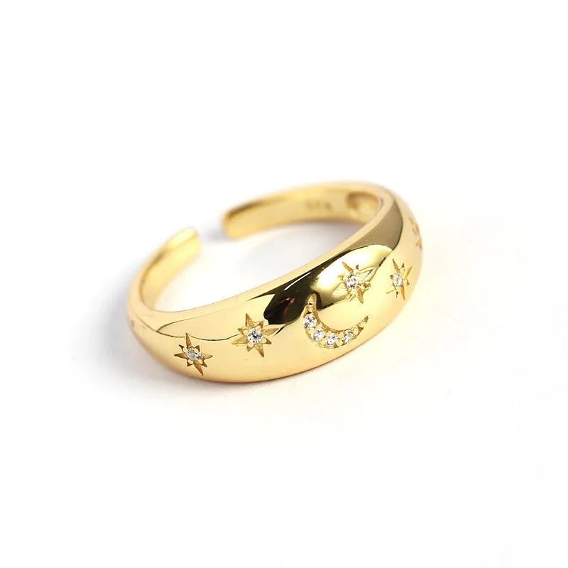 Bague bombée "constellation" croissant de lune et étoiles or