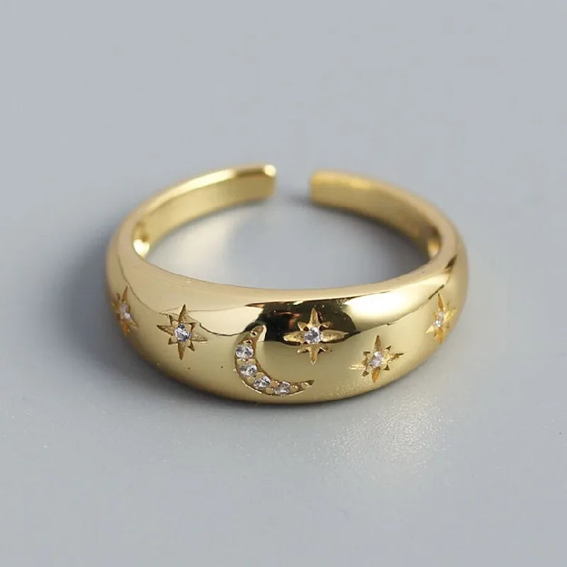 Bague bombée "constellation" croissant de lune et étoiles or