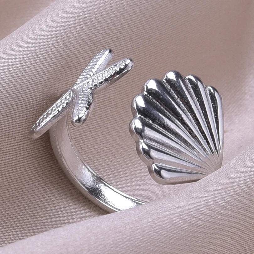 Δαχτυλίδι με κοχύλια, αστερία και κοχύλι Saint-Jacques ασημένιο