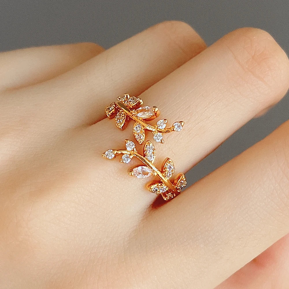 Bague Feuille de Laurier en Zircon Automnale or
