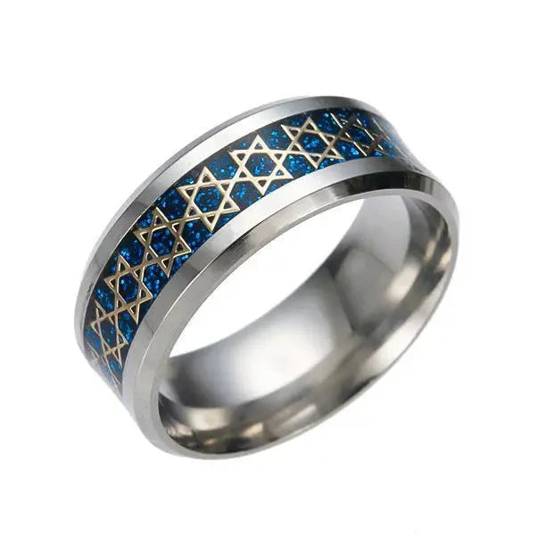 Φαρδιά ανδρική δαχτυλίδι με <span data-glossary-id="etoiles de David">αστέρια του Δαβίδ</span> σύμβολο εβραϊκό μπλε
