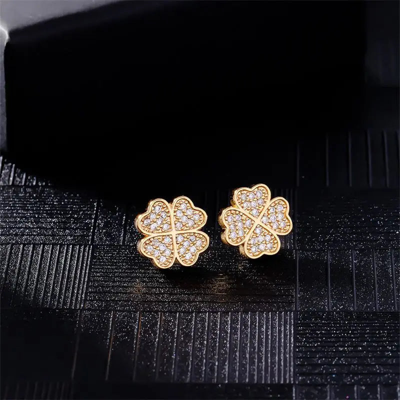 Σκουλαρίκια καρφάκια με τετράφυλλο τριφύλλι από ζιρκόν χρυσό
