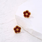 Σκουλαρίκια καρφωτά με τριφύλλι 5 φύλλων κόκκινο