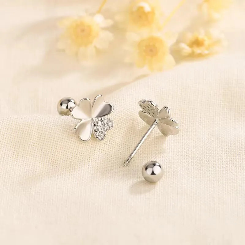 Σκουλαρίκια Καρφίτσα με Φύλλο Τριφυλλιού 4 Φύλλων με Ζιρκόν