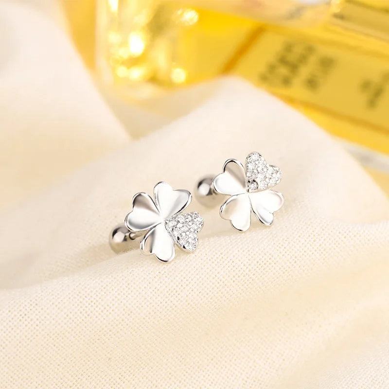 Σκουλαρίκια Καρφίτσα με Φύλλο Τριφυλλιού 4 Φύλλων με Ζιρκόν