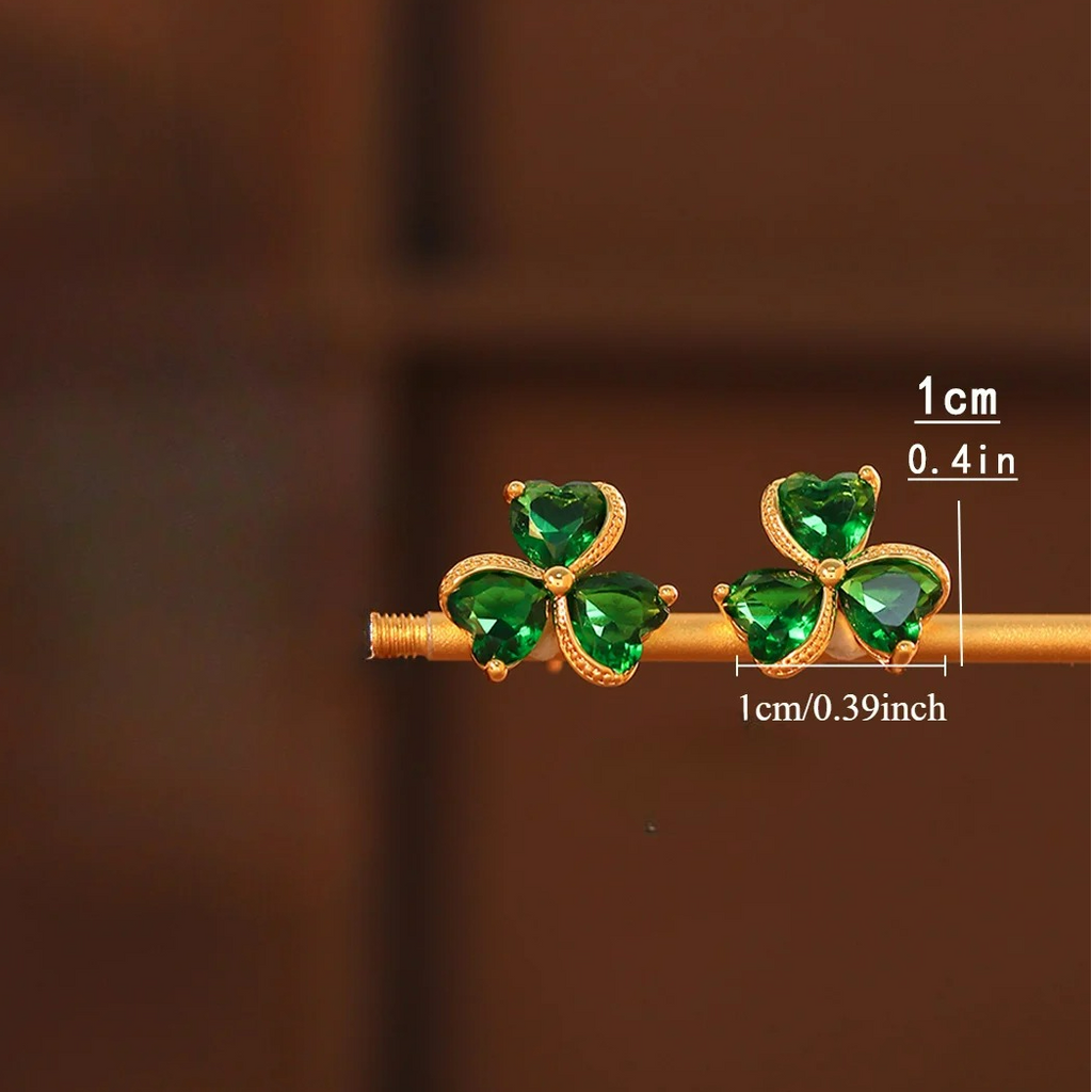 Σκουλαρίκια καρφάκια τριφύλλι με 3 φύλλα πράσινο σμαράγδι και ζιρκόν