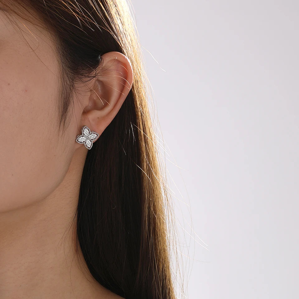 Σκουλαρίκια Κουμπί Τετράφυλλο Τριφύλλι με Ζιργκόν ασημένιο