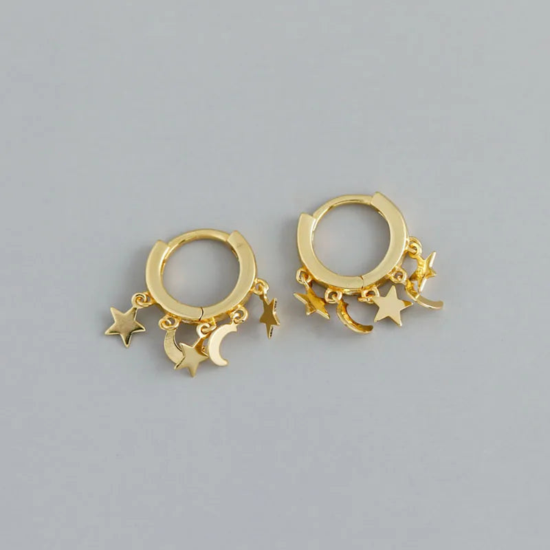 Σκουλαρίκια Κρίκοι με Κρεμαστά Αστέρια και Φεγγάρια χρυσά