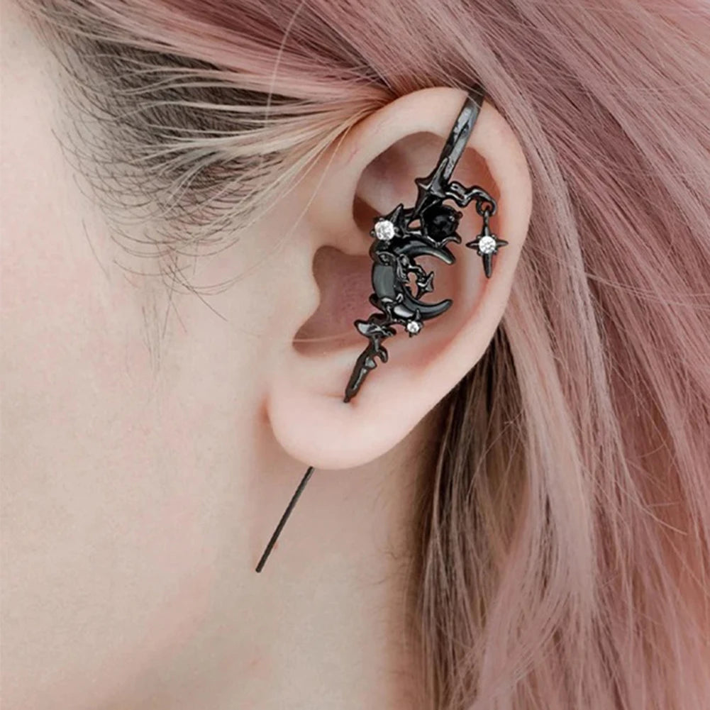 Boucles d'oreilles "Ear Cuff" croissant de lune et étoiles noir