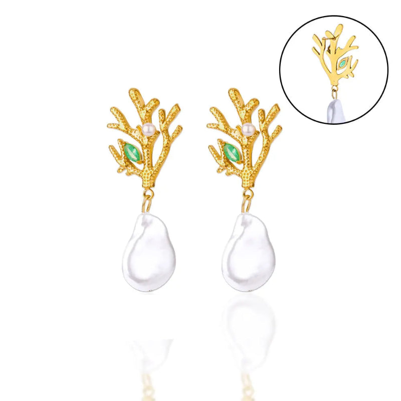 Σκουλαρίκια Κρεμαστά Κοράλλι με Μαργαριτάρι και Πράσινο Ζιρκόνιο