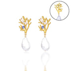 Σκουλαρίκια Κρεμαστά Κοράλλι με Μαργαριτάρι και Μπλε Ζιρκόνιο