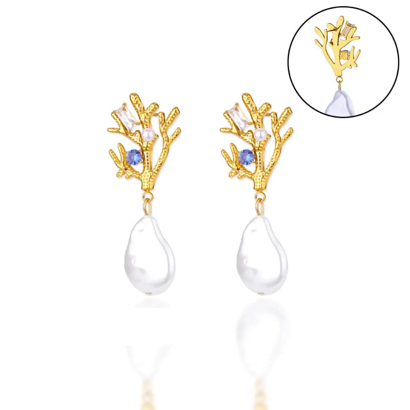 Σκουλαρίκια Κρεμαστά Κοράλλι με Μαργαριτάρι και Μπλε Ζιρκόνιο