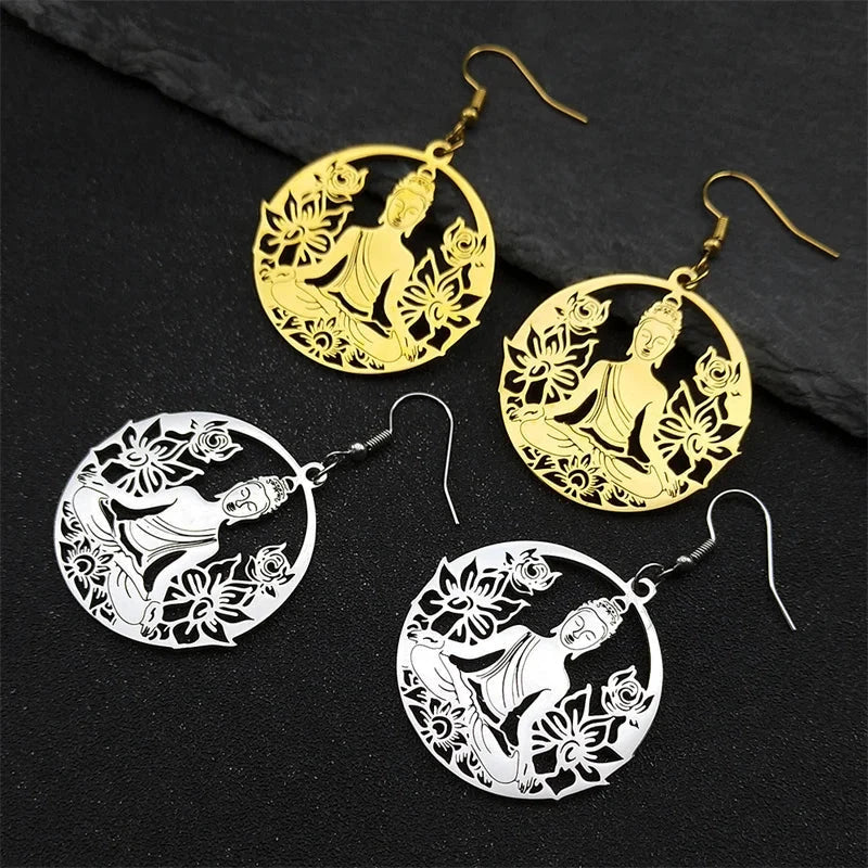 Σκουλαρίκια Κρεμαστά Βούδας και Λωτός χρυσά