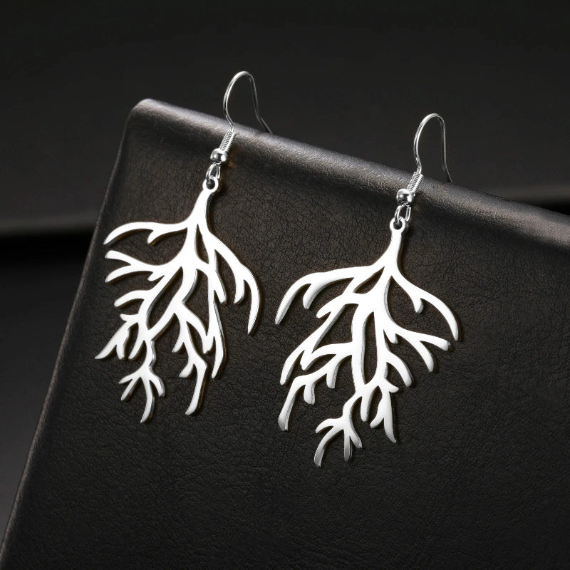 Boucles d'Oreilles Pendantes en Branches Corail argent