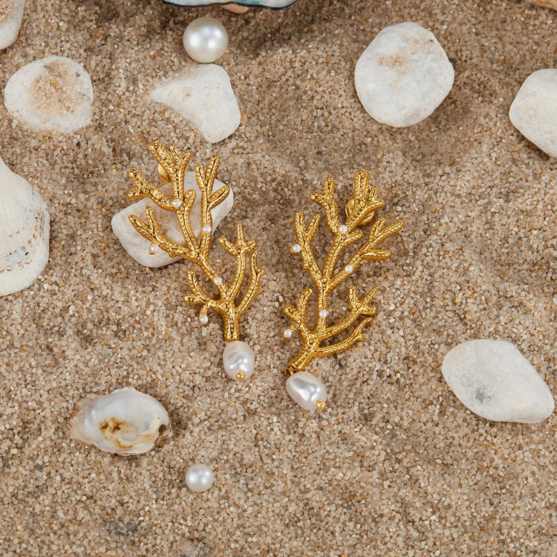 Κρεμαστά Σκουλαρίκια Κοραλλί και Λευκά Μαργαριτάρια