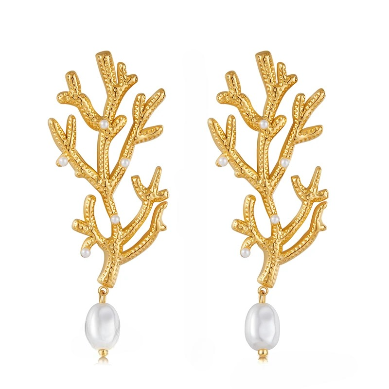 Κρεμαστά Σκουλαρίκια Κοραλλί και Λευκά Μαργαριτάρια