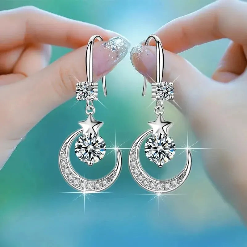 Boucles d'Oreilles Pendantes Etoile et Lune