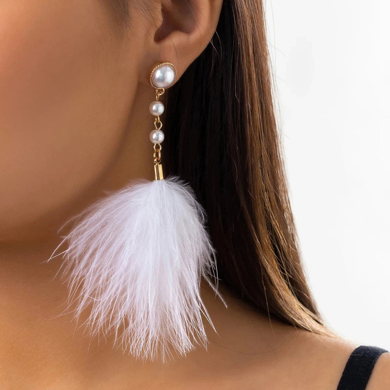 Boucles d'Oreilles Pendantes Perles et Plumes 2