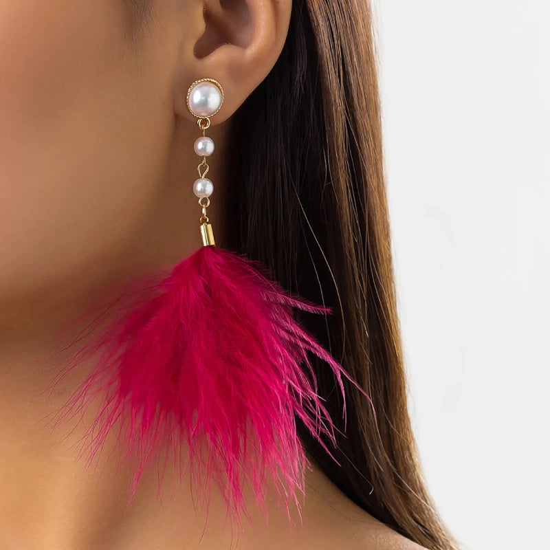 Boucles d'Oreilles Pendantes Perles et Plumes 5