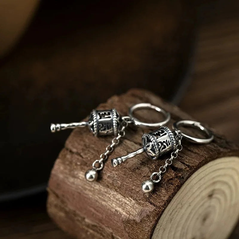 Boucles d'Oreilles Pendantes Roue de Prière bouddhiste