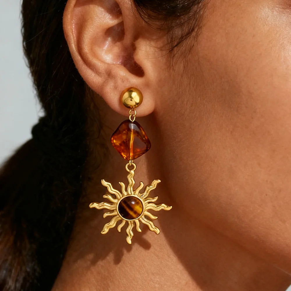 Boucles d'oreilles pendantes soleil et pierre d'oeil de tigre
