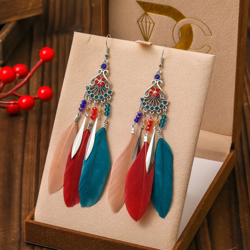 Boucles d'Oreilles Pendantes Style Ethnique avec Plumes 4