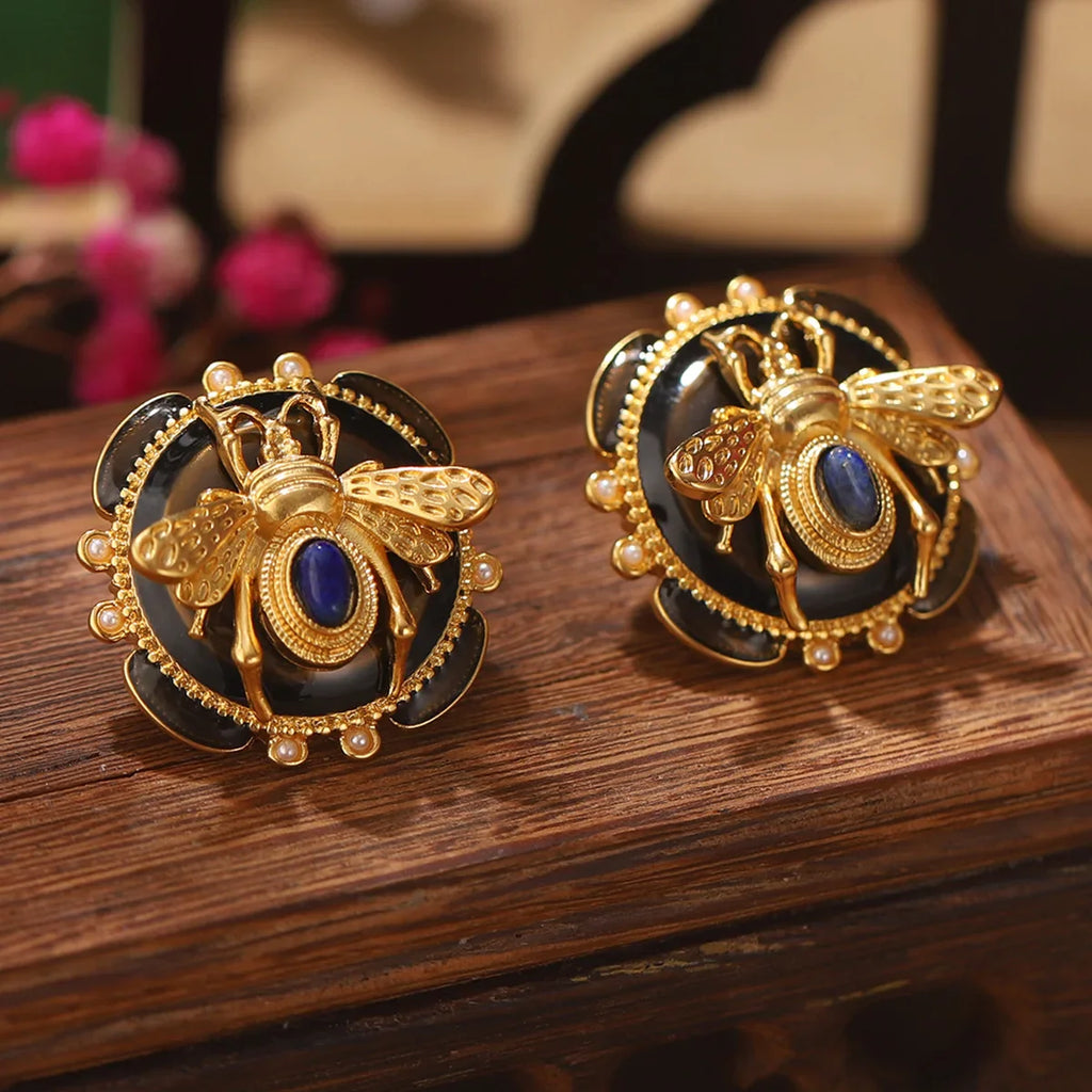 Στρογγυλά σκουλαρίκια μέλισσα μαύρο