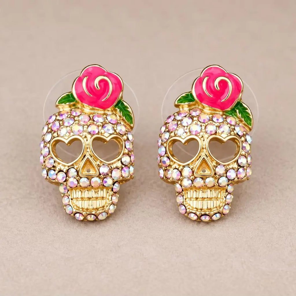 Σκουλαρίκια νεκροκεφαλή Calavera με στρας, τριαντάφυλλο και μάτια σε σχήμα καρδιάς