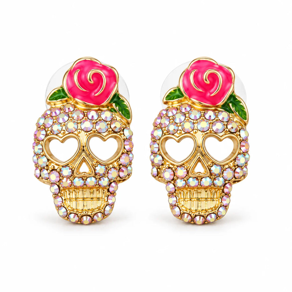 Σκουλαρίκια νεκροκεφαλή Calavera με στρας, τριαντάφυλλο και μάτια σε σχήμα καρδιάς