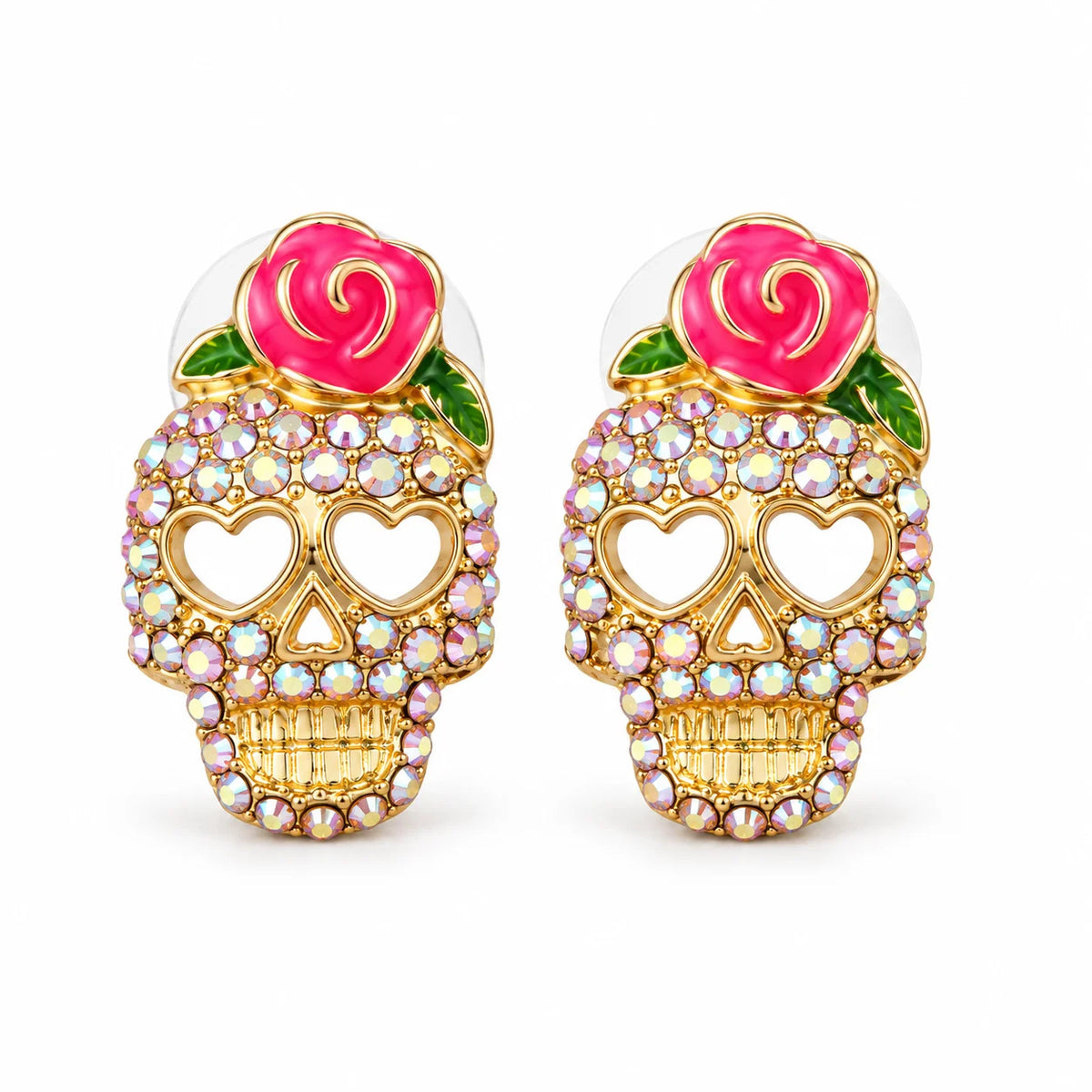 Σκουλαρίκια νεκροκεφαλή Calavera με στρας, τριαντάφυλλο και μάτια σε σχήμα καρδιάς