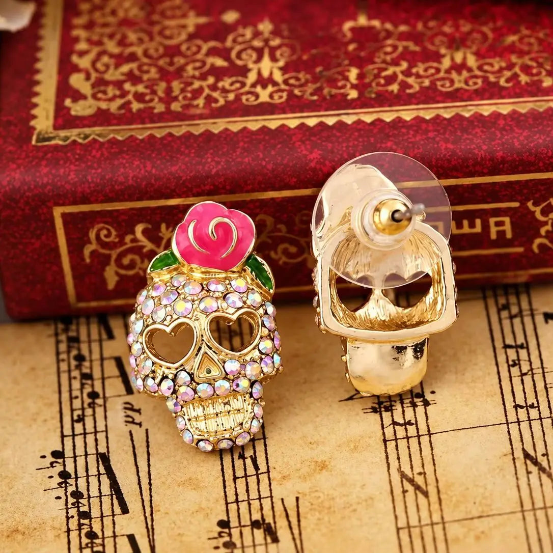 Σκουλαρίκια νεκροκεφαλή Calavera με στρας, τριαντάφυλλο και μάτια σε σχήμα καρδιάς