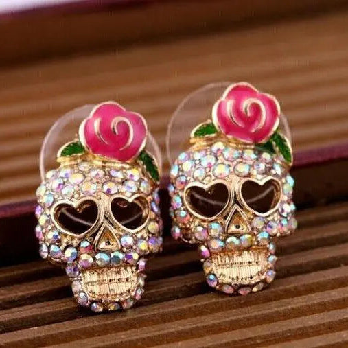 Σκουλαρίκια νεκροκεφαλή Calavera με στρας, τριαντάφυλλο και μάτια σε σχήμα καρδιάς