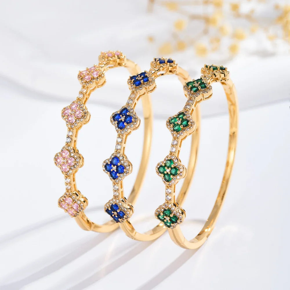 Βραχιόλι με τριφύλλια 4 φύλλων από ζιρκόνιο και μπλε πέτρες