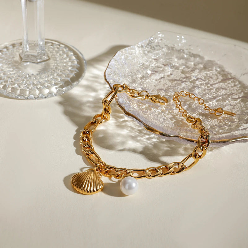 Βραχιόλι με κοχύλι Saint-Jacques και μαργαριτάρι κοχυλιού για γυναίκες