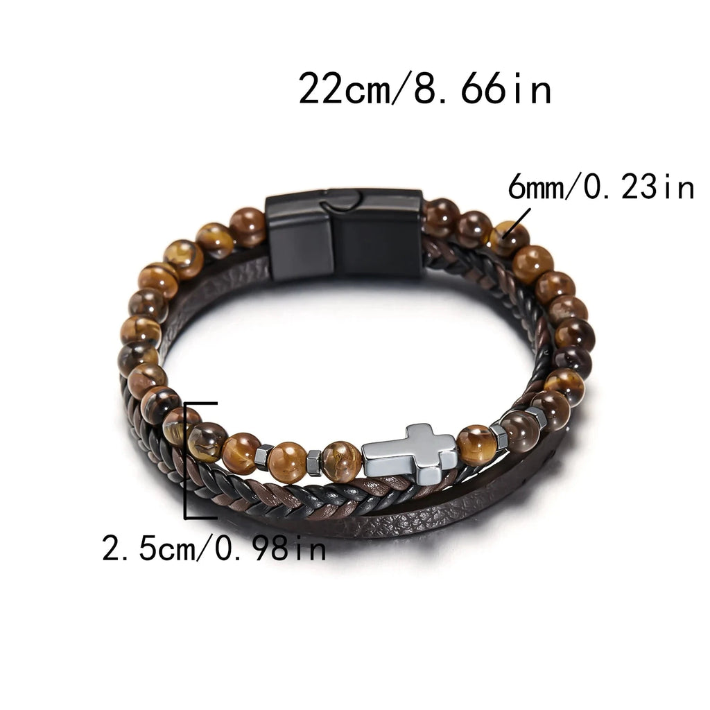 Βραχιόλι Σταυρός Ροζάριο Φυσικές Πέτρες Και Δέρμα 