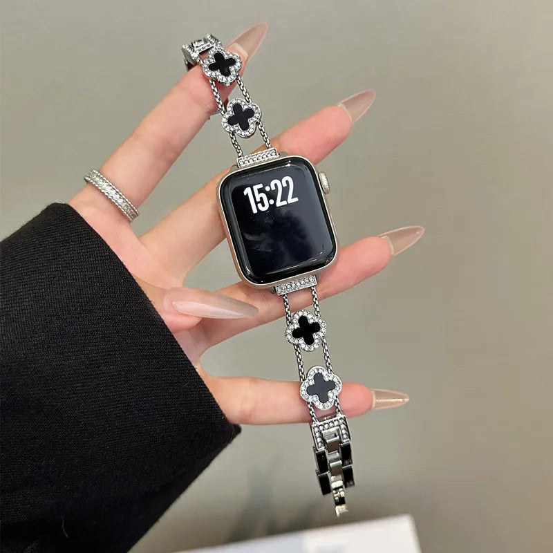Ανταλλακτικό λουράκι για Apple Watch - σχέδιο τριφύλλι ασημί μαύρο