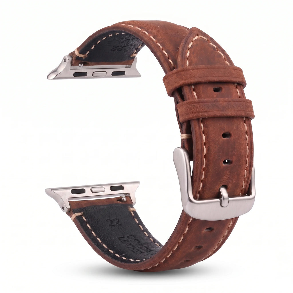 Ανταλλακτικό λουράκι για Apple Watch από κλασικό καφέ-ασημί δέρμα