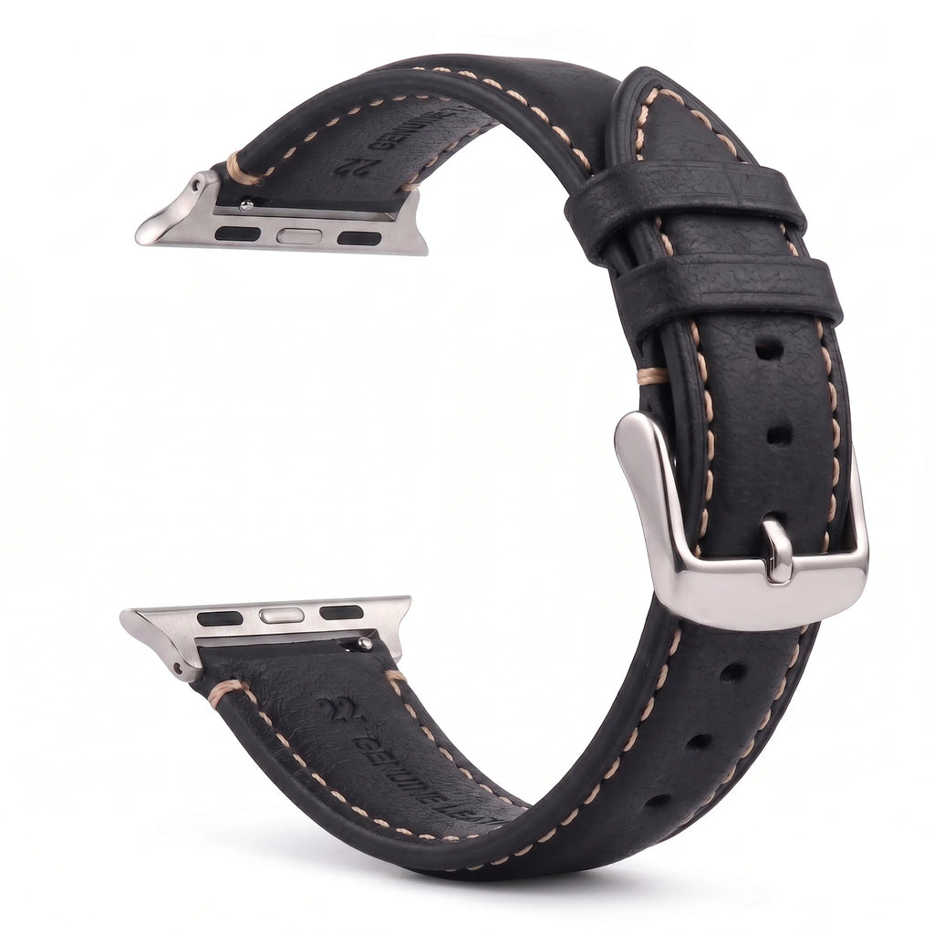 Ανταλλακτικό λουράκι για Apple Watch από κλασικό μαύρο-ασημί δέρμα