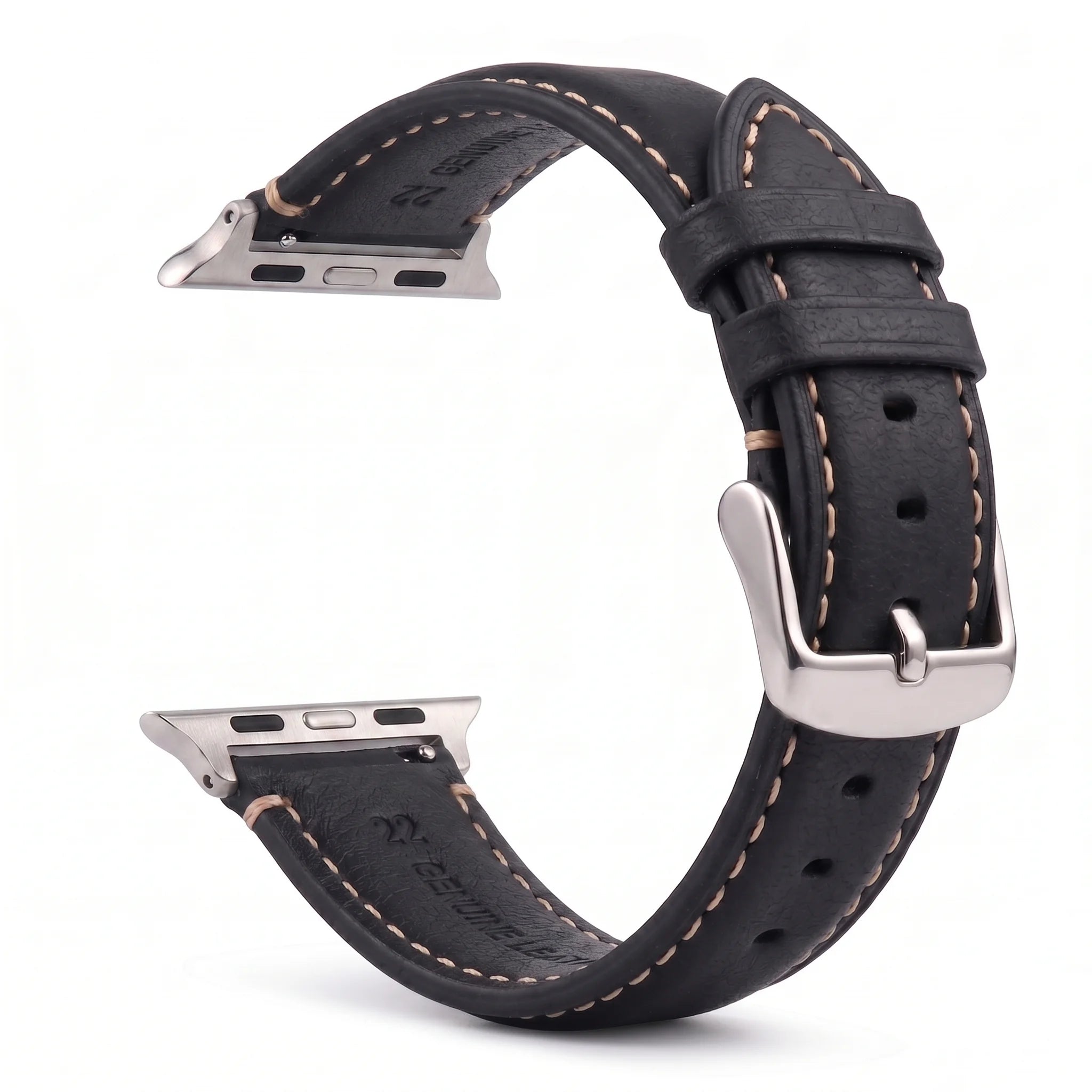 Ανταλλακτικό λουράκι για Apple Watch από κλασικό μαύρο-ασημί δέρμα
