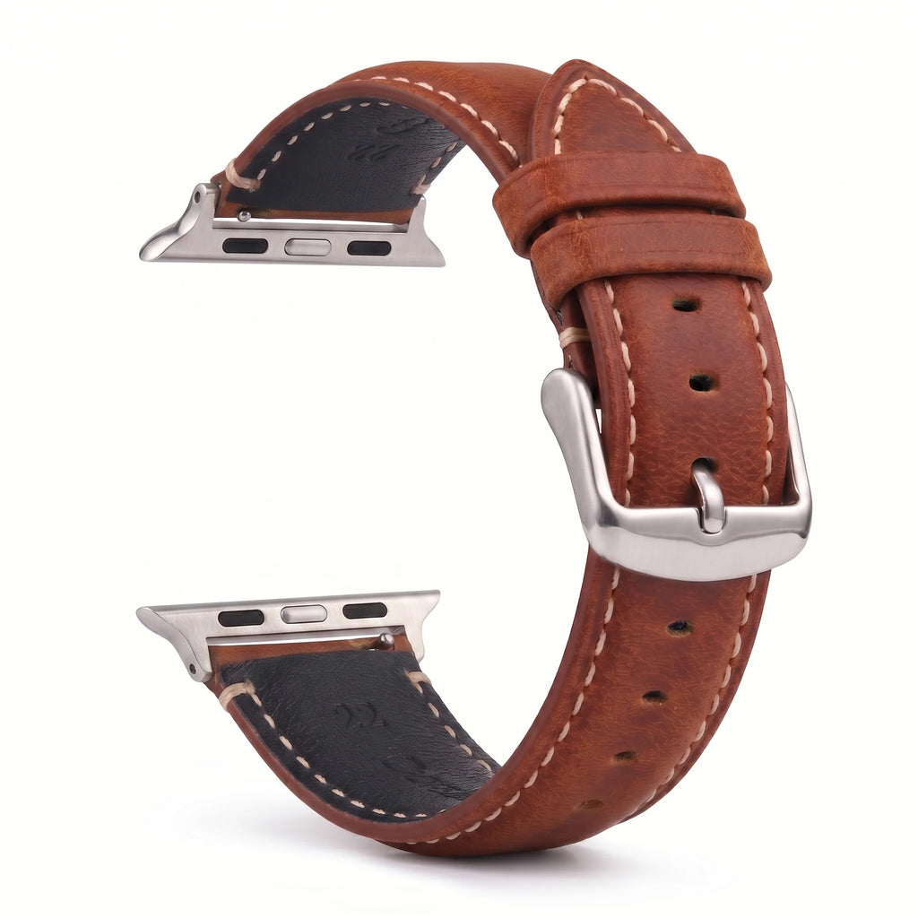 Ανταλλακτικό λουράκι για Apple Watch από κλασικό καφέ-ασημί δέρμα