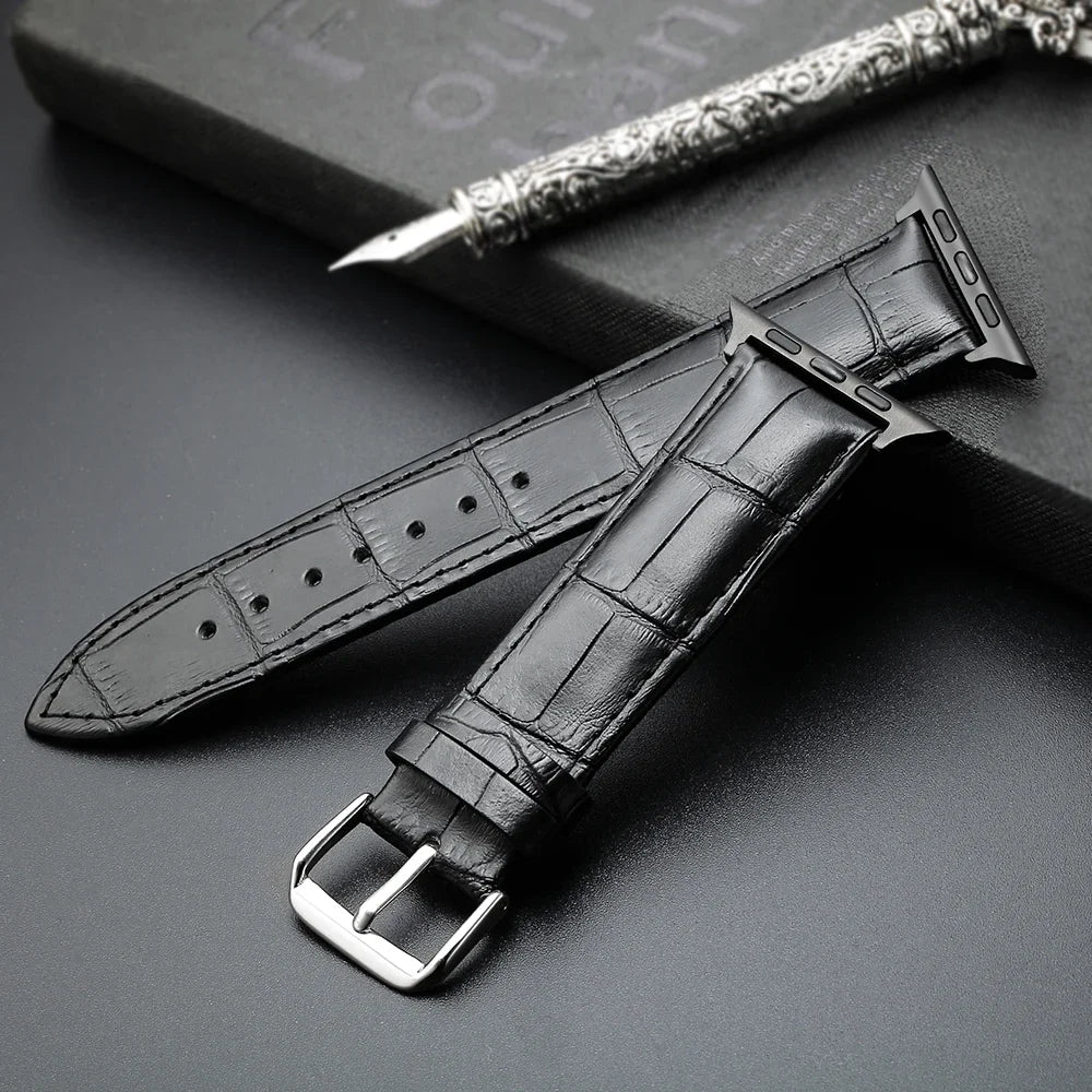 Ανταλλακτικό βραχιόλι για Apple Watch από μαύρο δέρμα και ατσάλι