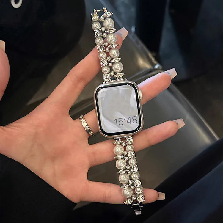 Ανταλλακτικό βραχιόλι για Apple Watch με στρας και ασημένιες πέρλες