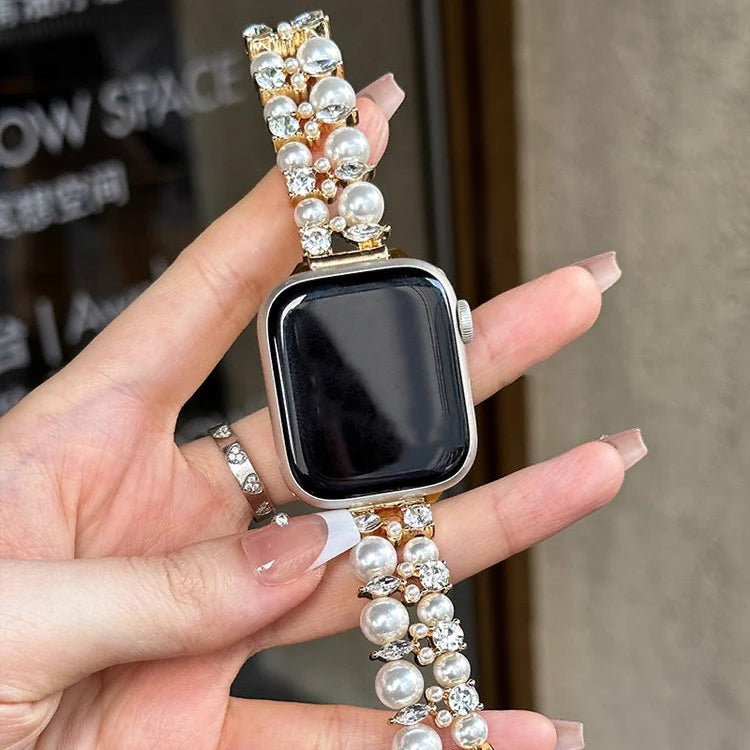 Ανταλλακτικό βραχιόλι για Apple Watch με στρας και χρυσές πέρλες και πέρλα