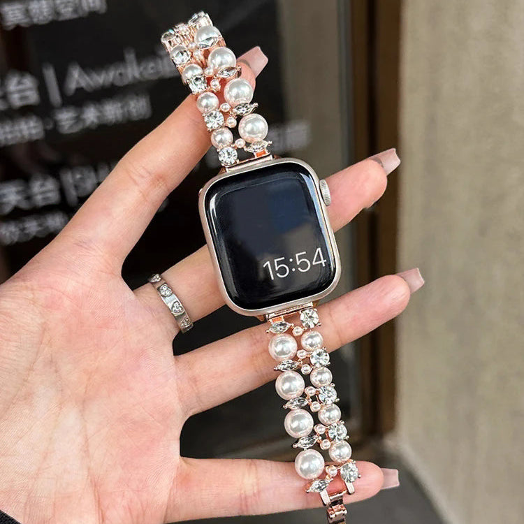 Ανταλλακτικό βραχιόλι για Apple Watch με στρας και ροζ χρυσές πέρλες