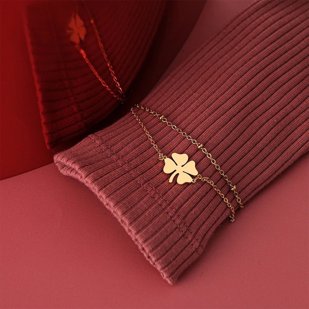 Διπλό Βραχιόλι με Τετράφυλλο Τριφύλλι σε Χρυσό